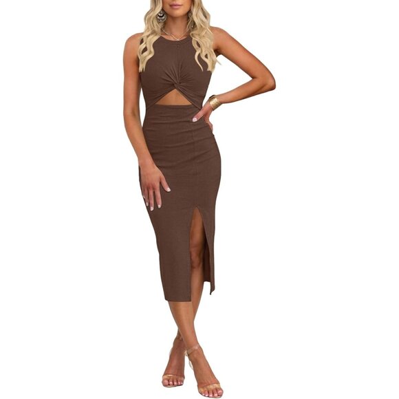 🆕Women’s Brown Crew Neck Sleeveless Cutout Bodycon Slim Slit Midi Dress - Picture 1 of 6